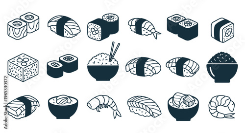 Sushi Icons Set: Nigiri, Maki Rolls, and Rice Bowls