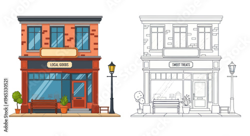 Charming Brick Storefront with 'Local Goods' Sign and Outline Version