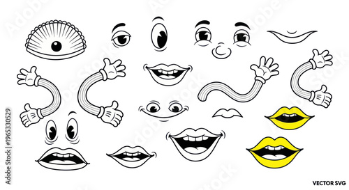 Cartoon Face Parts, Expressions, Eyes, Mouths, Arms - Vector Graphics