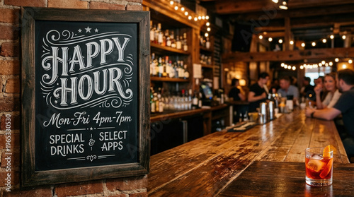 Chalk menu with happy hour sign on brick wall in cozy rustic bar interior with blurred patrons and cocktails on wooden counter invitation to social gathering evening leisure and night life.