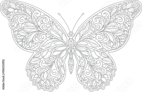 Ornate symmetrical butterfly illustration featuring detailed floral filigree patterns suitable for coloring or elegant design concepts