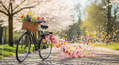 Vintage bicycle parked along a cobblestone path leaves a magical trail of colorful flower petals in springtime.