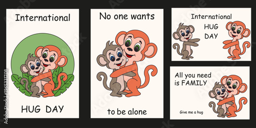 World Hug Day. Vector adorable Punch monkey hugs with mother and bold message. Perfect World Hug Day and Mother's Day card poster cover print. EPS