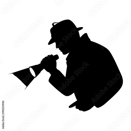 A detective in silhouette crouches down and examines evidence with a magnifying glass