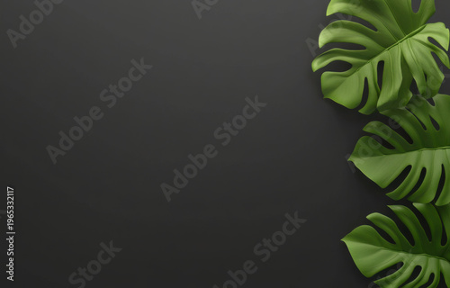 Lush green leaves with large, distinctive cuts create vibrant contrast against dark background, adding touch of nature beauty and elegance to any space