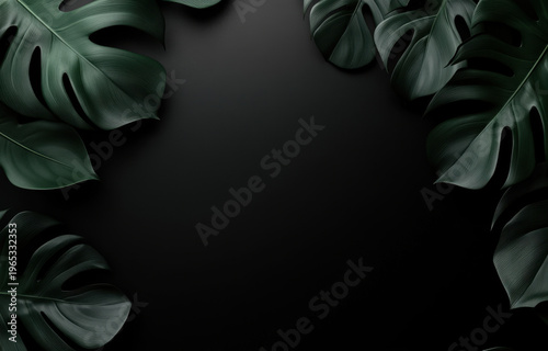 Lush green leaves frame dark background, creating striking contrast that highlights beauty of nature. large, glossy leaves evoke sense of tranquility and elegance