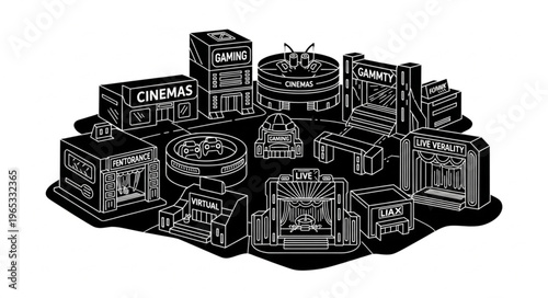 Monochrome Illustration of Various Building Structures and Architectural Designs.