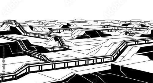 Monochrome Landscape Illustration of a Futuristic City with Elevated Roads.