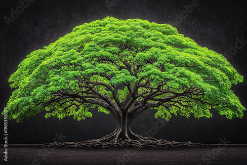Majestic tree with vibrant green leaves and wide canopy stands against dark background, showcasing its intricate branches and strong roots. This evokes sense of tranquility and connection to