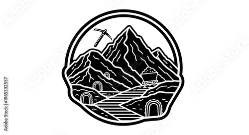 Monochrome Mountain Mining Scene with Tunnels and Pickaxes.