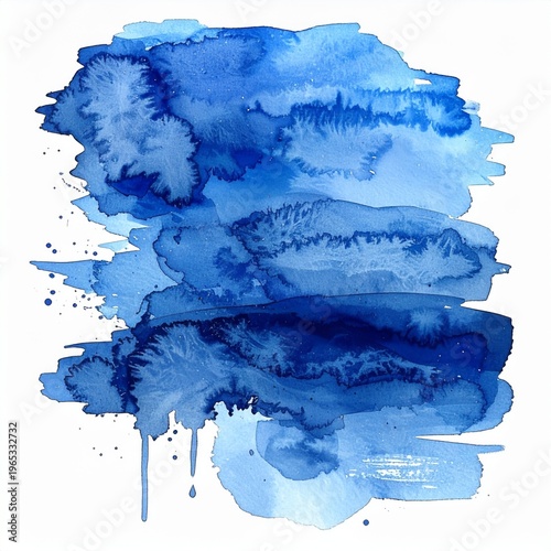 Abstract Blue Watercolor Wash with Textured Brush Strokes and Splatters