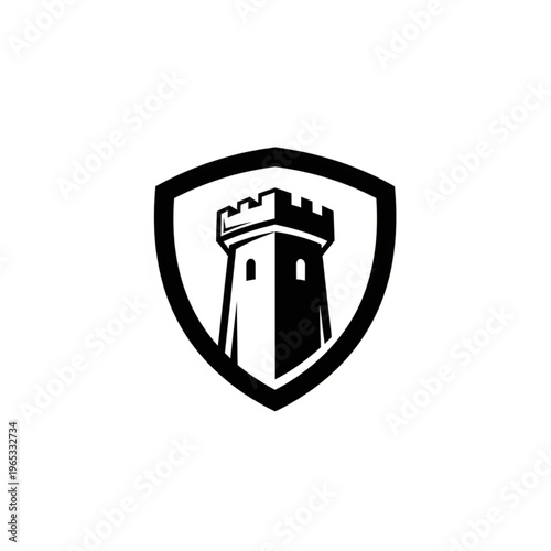 Monochrome shield emblem featuring a stylized tower silhouette, conveying security and strength.