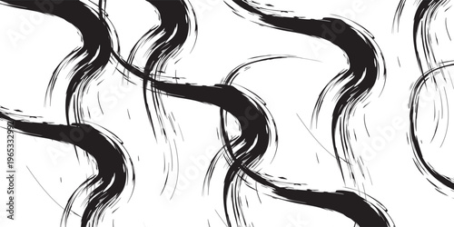 Abstract black and white brush strokes creating a dynamic wavy pattern with textured ink lines on a white background.