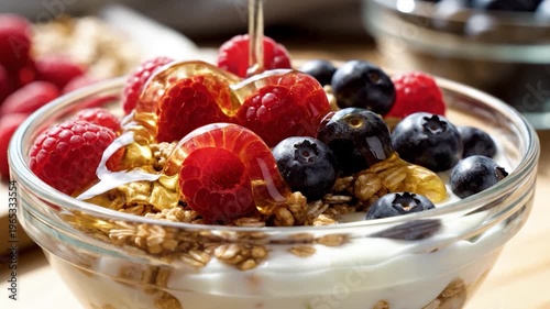 A delicious bowl of yogurt topped with granola, fresh berries and a drizzle of golden honey