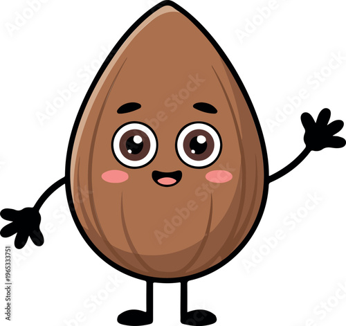 Cute happy brown almond character, smiling nut mascot, funny healthy snack cartoon, cheerful food icon, playful kawaii vector illustration