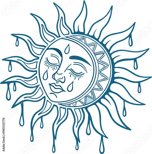 Crying sun, sweating face, blue line art, drought icon, weather symbol