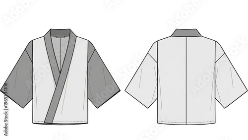 Vector CAD design style illustration of a white kimono with gray sleeves and collar