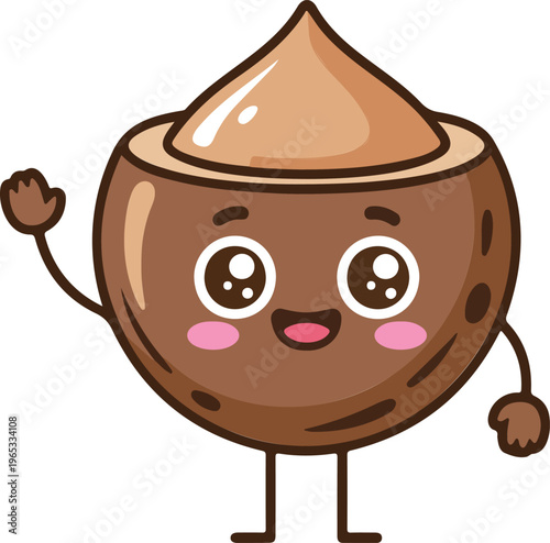 Cute happy brown hazelnut character, smiling nut mascot, funny healthy snack cartoon, cheerful food icon, playful kawaii vector illustration