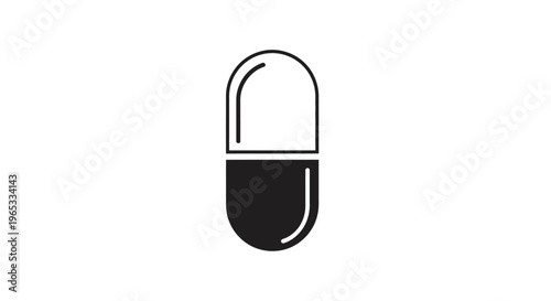 Minimalist black and white icon of a capsule, representing medicine, health, or treatment.