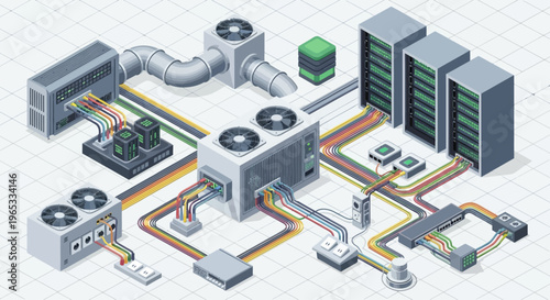 Isometric Digital Network System with Servers and Cooling Equipment