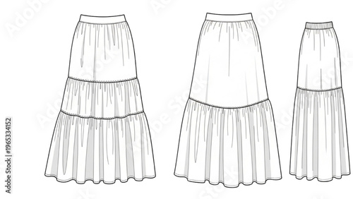 Vector CAD design style sketches of three tiered skirts