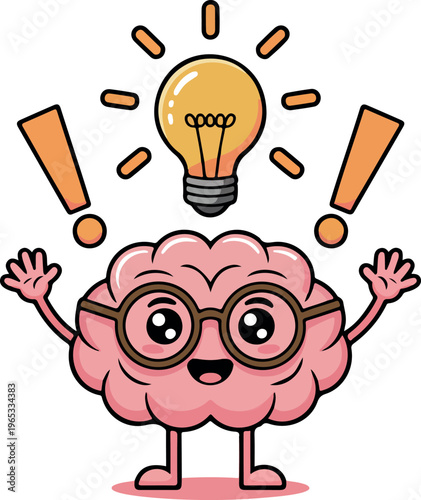 Cute happy human brain character in glasses with glowing lightbulb, smart idea concept, funny cartoon mascot, creative thinking vector illustration