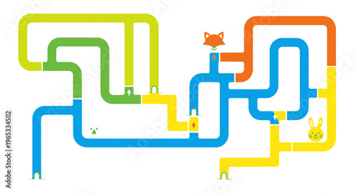 Cute Fox and Rabbit Maze Puzzle Game with Colorful Paths