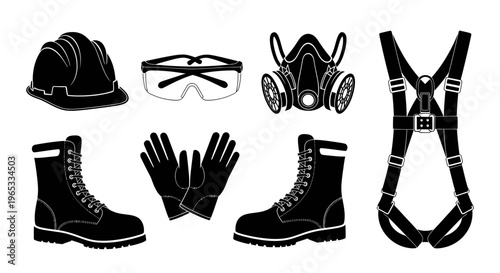 Construction Safety Gear Set: Helmet, Goggles, Respirator, Harness, Gloves, Boots