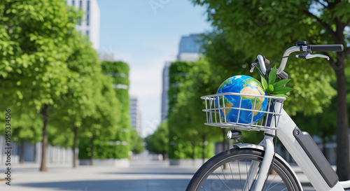 Earth Day Sustainable Transport Concept. Electric Bicycle with Globe and Green Leaves in City Park Background. Copy Space for Text.