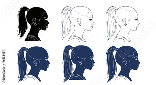 Diverse Female Profile Silhouettes with Ponytails - Black, White, Blue
