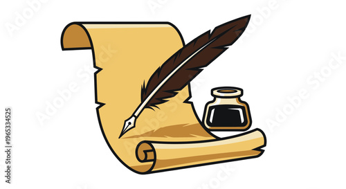 Feather Quill Pen Writing on Scroll with Inkwell - Vintage Writing Concept