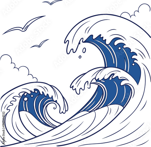 Ocean wave, blue vector illustration, sea swell, beach background