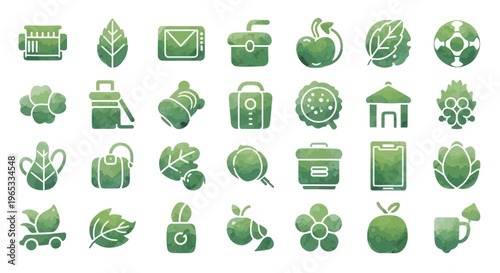 Green Eco Icons Set: Nature, Recycling, Health, and Sustainability Symbols