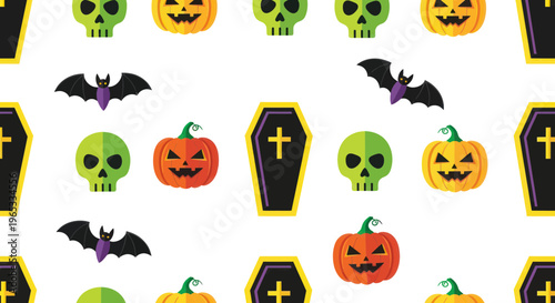 Halloween Pattern: Spooky Pumpkins, Bats, Coffins, and Skulls on White Background