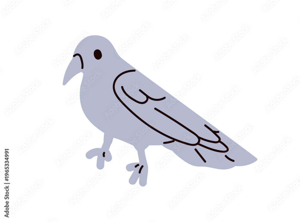 Naklejka premium Crow, raven silhouette. Gray feathered scavenger with beak, folded wings, standing. Urban fauna, avian animal. Flat graphic vector illustration isolated on white background