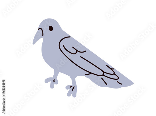 Crow, raven silhouette. Gray feathered scavenger with beak, folded wings, sta...