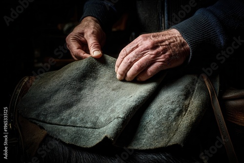 Artisan's aged hands working with a piece of rough leather, highlighting craft and tradition
