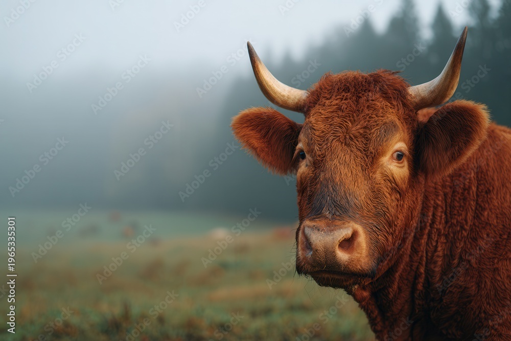 Naklejka premium Brown horned cow looking at camera on a misty field with forest in background
