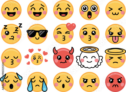 Set of cute square kawaii emojis, colorful happy cartoon faces, funny expression icons, playful digital stickers, adorable vector illustration collection