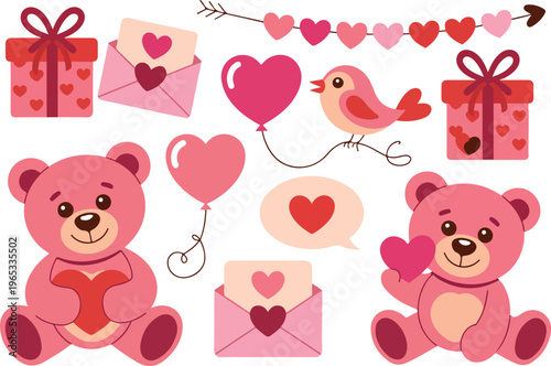 Valentine's Day vector set of cute romantic elements, hearts, flowers, gifts, love symbols, and adorable couple cartoon illustrations