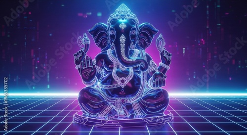 Futuristic Neon Ganesha Cyberpunk Style with Glowing Lights for Modern Festival Design