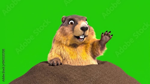A cheerful cartoon groundhog emerges from its burrow against a vibrant green background