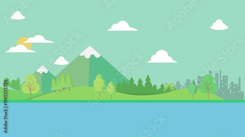 Flat Design Landscape with Mountains Trees City Skyline and Water Under Sunny Sky with Clouds