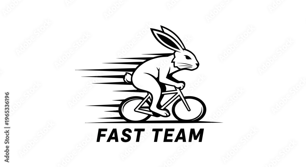 Obraz premium Rabbit riding bicycle, fast speed, motion blur, black and white logo