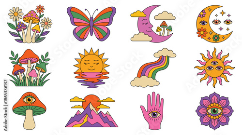 Retro psychedelic stickers with colorful mushrooms sun and moon art.
