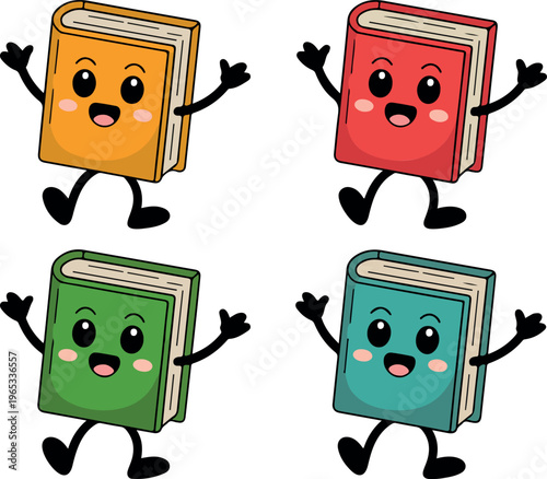 Cartoon book characters with smiling faces, cute reading mascots, happy educational icons, playful learning concept, colorful vector illustration set