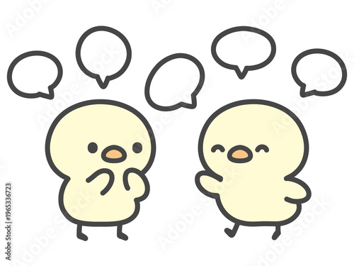 おしゃべりするひよこたちの手描きイラスト 吹き出し付き・ぺちゃくちゃ会話・雑談・コミュニケーション