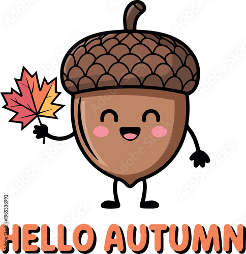 Cute acorn with yellow and orange autumn leaves, smiling cartoon nut character, fall season nature mascot, playful vector illustration