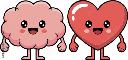 Cute happy brain and heart cartoon characters, friendly smiling organs mascots, love and intelligence concept, emotional health vector illustration