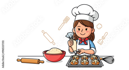 Young baker decorating hot cross buns with icing from a piping bag, baking supplies nearby.